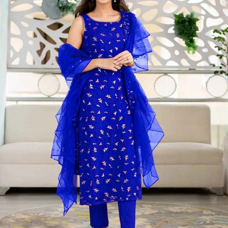 Blue and gold-toned embroidered semi-stitched dress material 